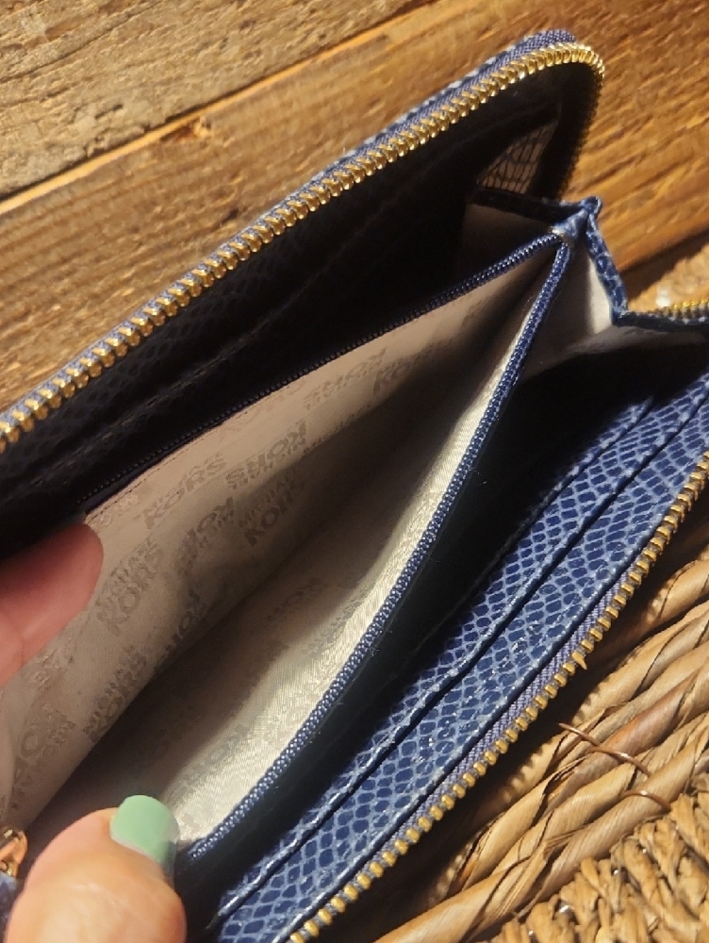 Michael Kors Navy Blue Snake-Embossed Zip Wallet with Gold Plaque - Picture 9 of 13